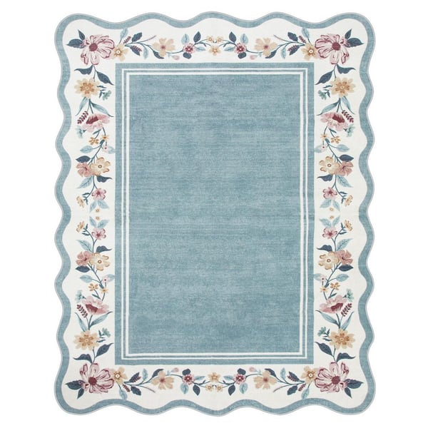 8 ft. x 10 ft. Machine Washable Blue Scalloped Vintage Floral Low Pile Non Slip Soft Living Room Bedroom Indoor Area Rug