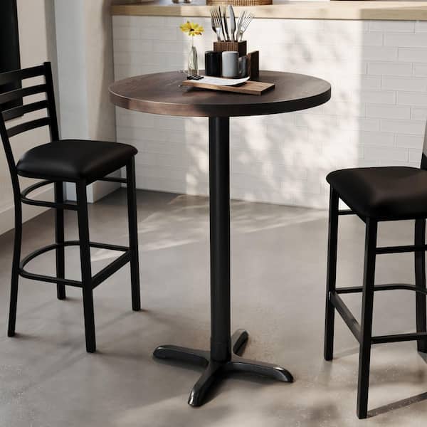 Carnegy Avenue Bennett H Dark Brown Top/Black Base Round  Commercial Indoor Bar Table, Rust Resistant Cast Iron X-Base Seats