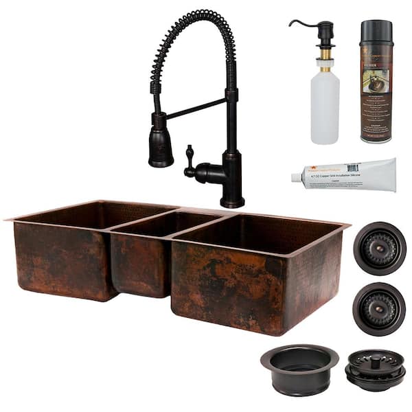 Premier Copper Products All-in-One Dual Mount Copper 42 in. 0-Hole Triple Basin Kitchen Sink in Oil Rubbed Bronze