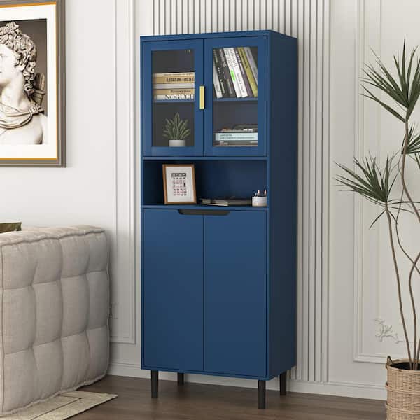 Tileon Tempered Glass Door Tall Storage Bookcase with adjustable board, MDF painting finished cabinet for Kitchen in Blue