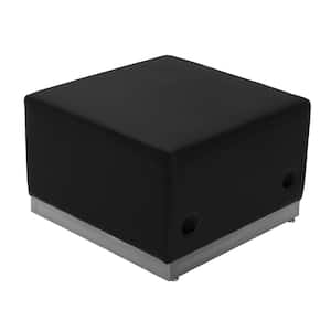 Black Leather Ottoman with Brushed Stainless-Steel Base