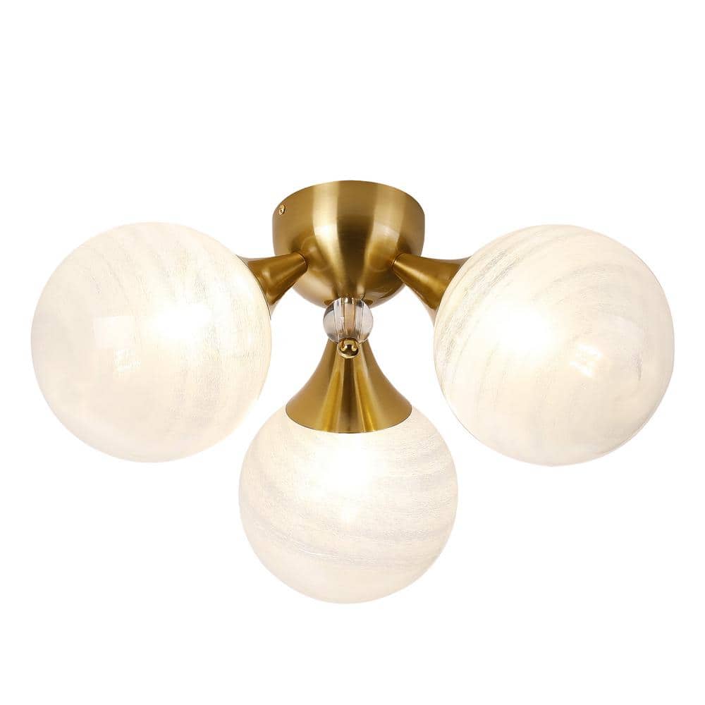 18 in. 3-Light Brass Triple Semi-Flush Mount with White Bubble Glass Shade 