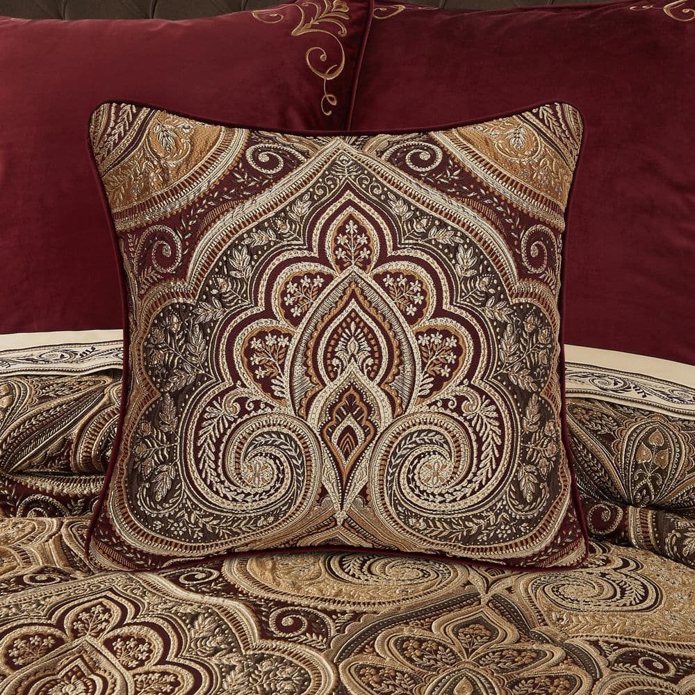 Bordeaux Crimson and Gold 20" Square Damask Throw Pillow