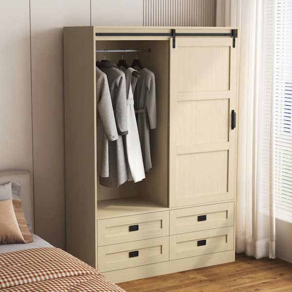 Farmhouse Collection Beige Wood 47.24 in. Armoire with Hanging Rod & Open Shelves