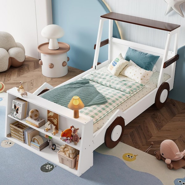Brown,Light White Wood Frame Twin Size Platform Bed with Storage Shelves,cute Car-shape
