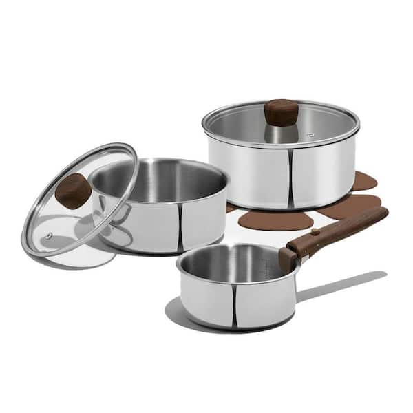 1.5 qt. 2 qt. and 3 qt. Stainless Steel Nonstick Sauce Pan Set w/ Lid in Woodgrain Color w/ Detachable Handle, 8 Pieces