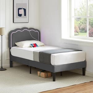 Upholstered Bed Gray Metal Frame Twin Platform Bed with Adjustable Charging Station Headboard and LED Lights Bed Frame