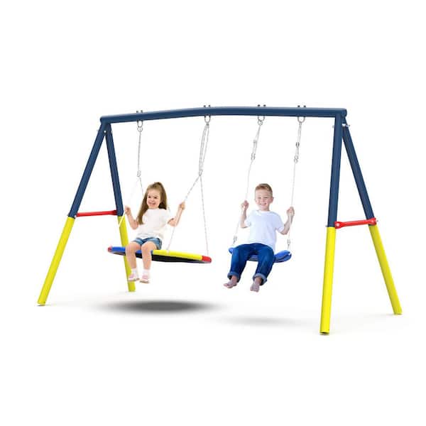 Outdoor Blue Swing Set for Backyard with Heavy-Duty A-Frame Metal Outdoor Swing Stand