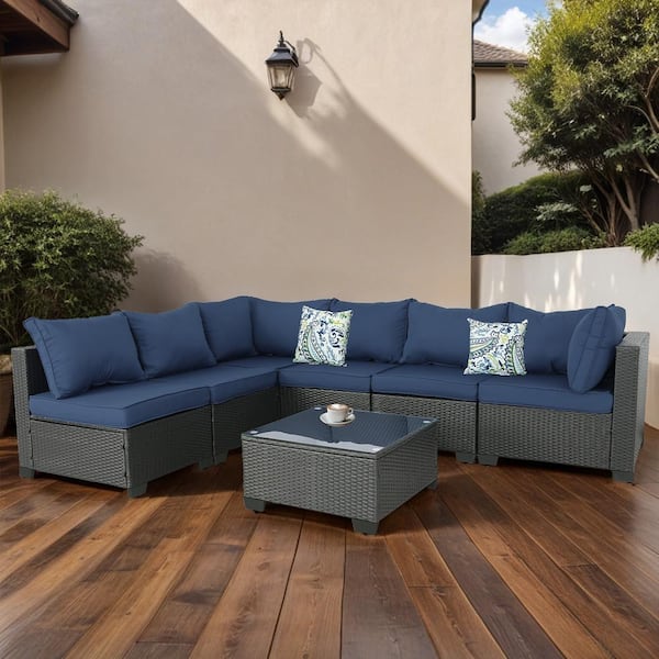 Sudzendf 7 Pieces Outdoor Wicker Sofa Set, Patio Furniture sofa set, with Dark Blue Cushions