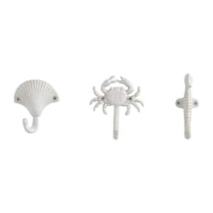 White Cast Iron Nautical Ocean Figure Sculpture Decorative Utility Wall Hook Set of 3 - Seashell, Crab, Seahorse