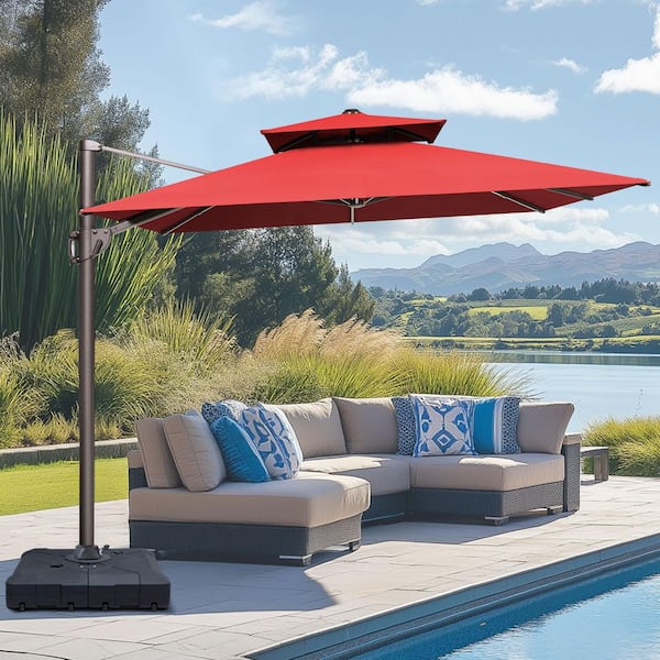 Pellebant Double top 11.5 ft. x 9 ft. Aluminum Outdoor 360° Rotation Cantilever Patio Umbrella in Red with 260 lbs. Base