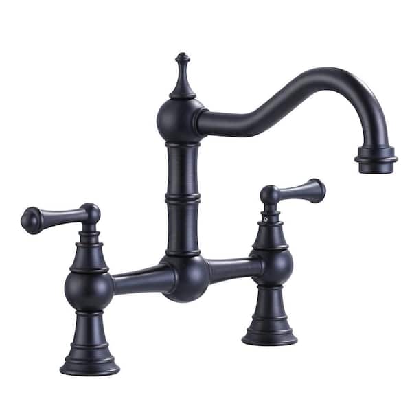 Brass 8 in. Double Handle Bridge Kitchen Faucet with 2-Aerators, Brass Valve and Supply Lines in Oil Rubbed Bronze