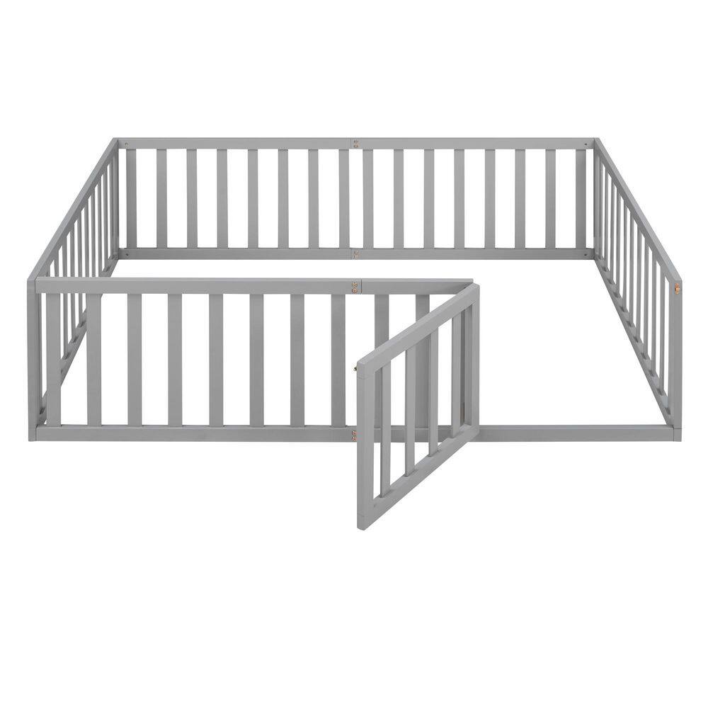 Walnut Brown Wood Frame Full Upholstered Platform Bed with Fence - thumbnail 5