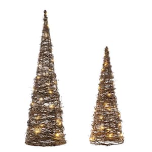24 in. H 2- Pack Lighted Rattan Tabletop Christmas Table Tree Decor (2- Pack)
