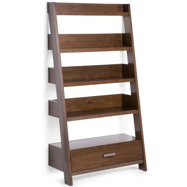 Simpli Home 66 in. Natural Aged Brown Wood 4-shelf Ladder Bookcase with Open Back