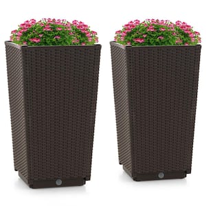 22.5 in. Tall Coffee Plastic Outdoor Wicker Flower Pot Planters with Drainage Hole (2-Pieces)