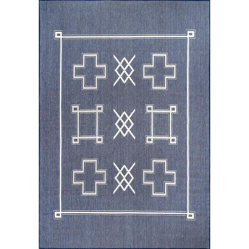 Blue Geometric Synthetic Indoor/Outdoor Patio Area Rug