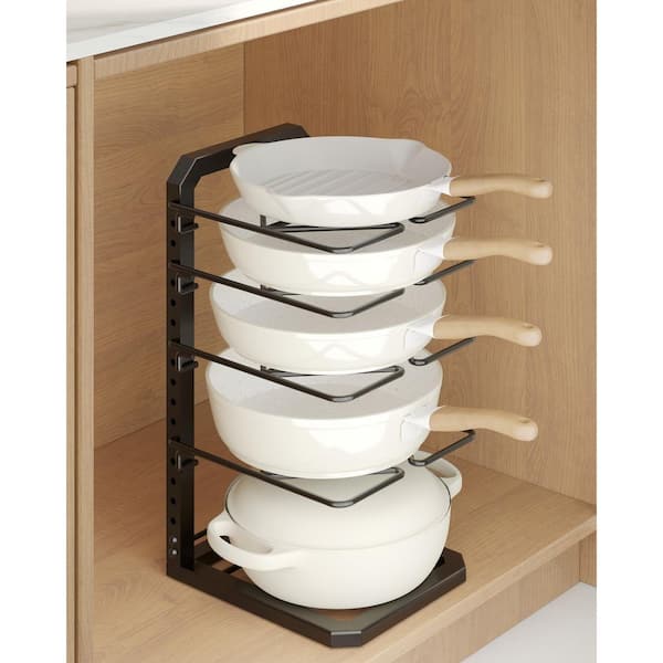 Black Metal Under Cabinet 5 Adjustable Tiers Pot Rack for Kitchen Cast Iron Cookware and Skillet Storage