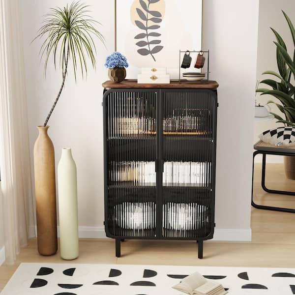 14.37 in. W x 28.35 in. D x 44.49 in. H in Black Metal Ready to Assemble Floor Kitchen Cabinet with Glass Door