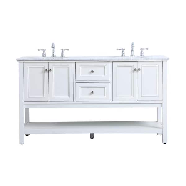 Unbranded Simply Living 60 in. W x 22 in. D x 33.75 in. H Bath Vanity in White with Carrara White Marble Top