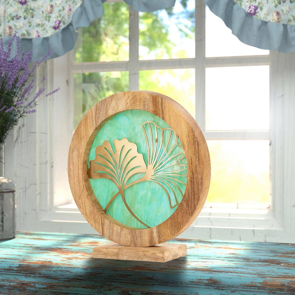 Green and Gold Stained Glass Panel with Mango Wood Stand