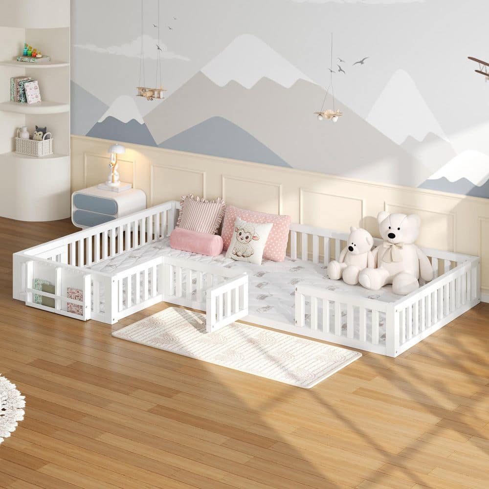 All-Round Guardrails White Twin and Full Size L-Shaped Kids Floor Bed with Lockable Safety Gate and Shelves