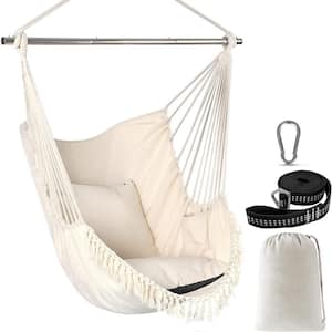 Hammock Chair Hanging Seat 2-Pillows Included, Durable Stainless Steel Spreader Bar Portable Hanging Chair, Creamy White