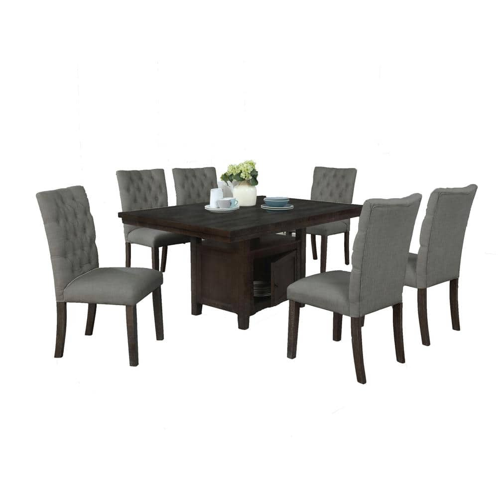 Ricky 7-Piece Rectangular Rustic Dark Oak Wood Top Dining Table Set With 6 Gray Linen Fabric Chairs -  Best Quality Furniture, D316D7