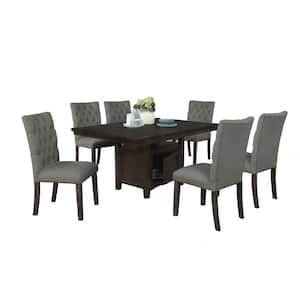 Ricky 7-Piece Rectangular Rustic Dark Oak Wood Top Dining Table Set With 6 Gray Linen Fabric Chairs