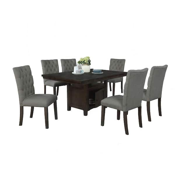 Best Quality Furniture Ricky 7-Piece Rectangular Rustic Dark Oak Wood Top Dining Table Set With 6 Gray Linen Fabric Chairs