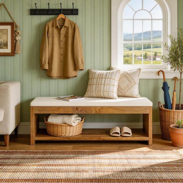55.12 in. L Brown Wood Entryway Bench with Cushion, End of Bed Bench with Storage