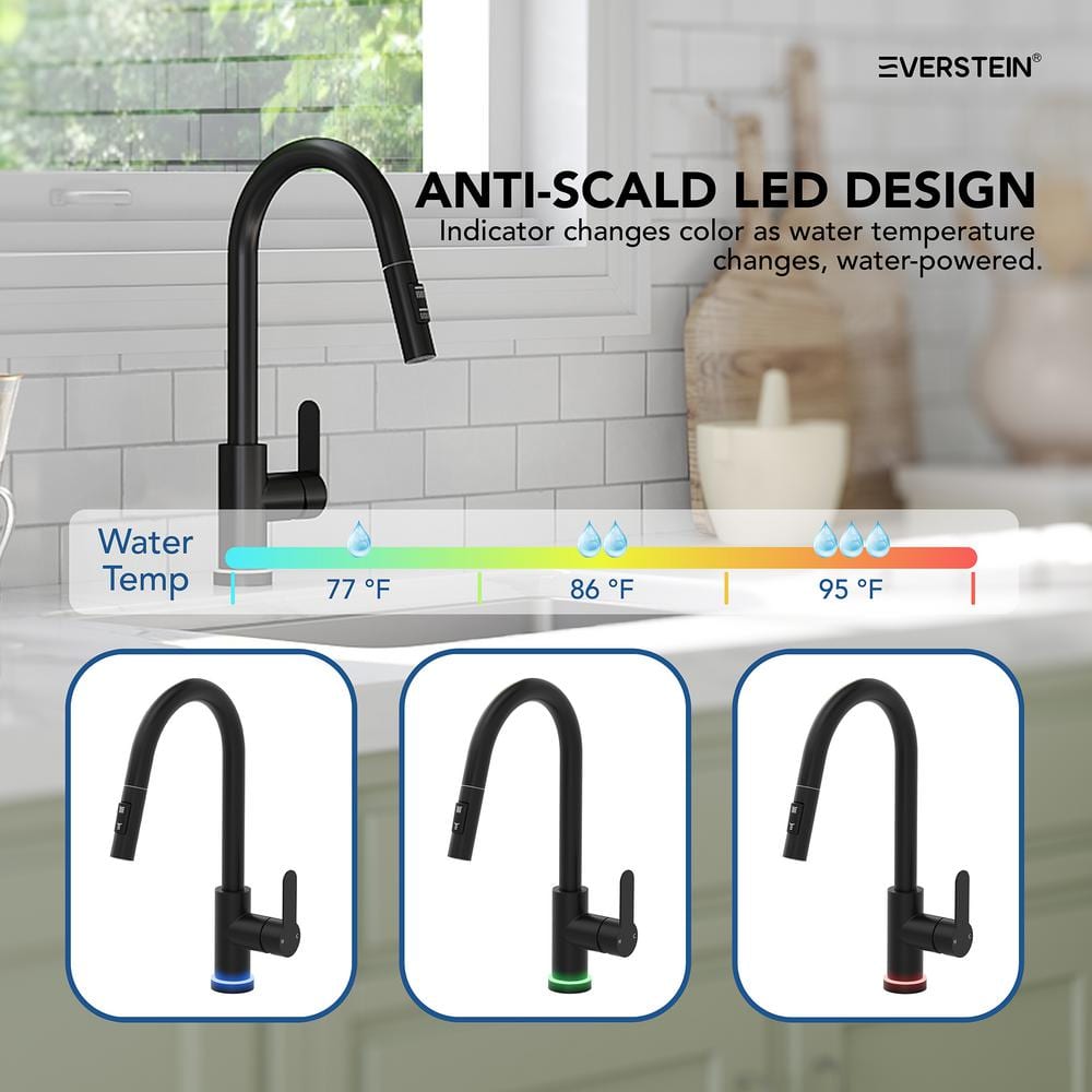 Matte Black Single Handle Pull Down Kitchen Faucet with LED Base