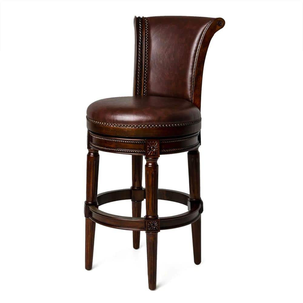 MAVEN LANE Pullman 31 in. Dark Walnut High Back Wooden Bar Stool with Luxe Vintage Brown Vegan