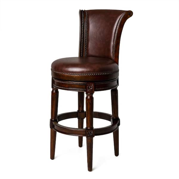 MAVEN LANE Pullman 31 in. Dark Walnut High Back Wooden Bar Stool with Luxe Vintage Brown Vegan Leather Upholstered Seat