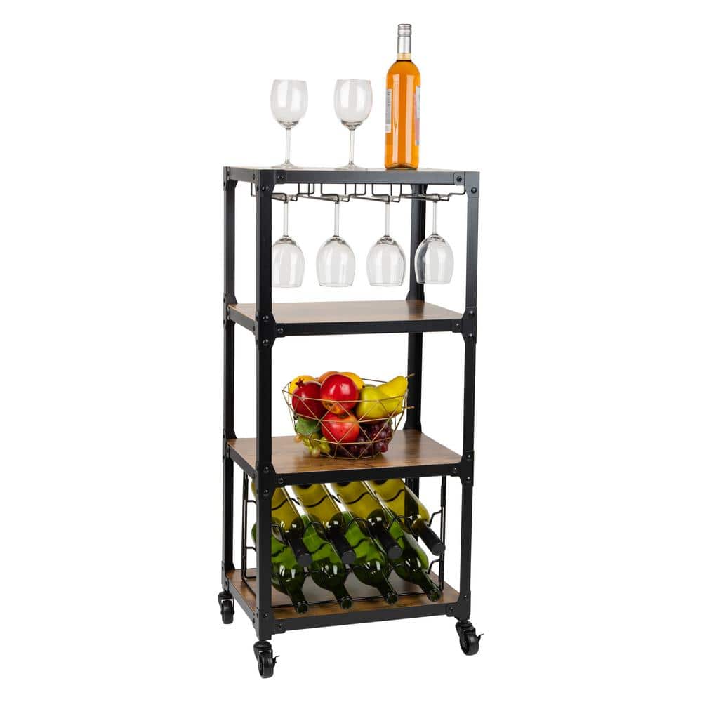Mind Reader 8Bottle Black Wood/Metal Rolling Bar Cart Wine Rack 4WINEC