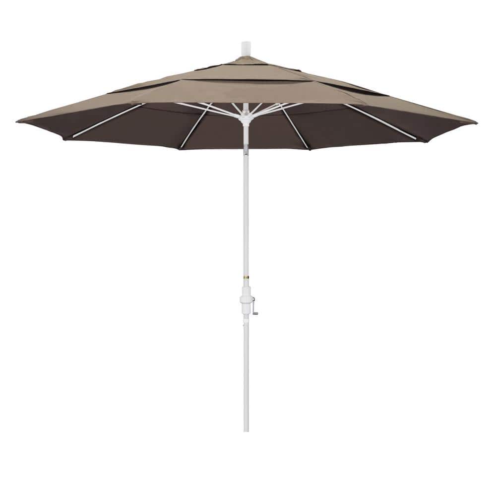 California Umbrella 11 ft. Matted White Aluminum Market Patio Umbrella with  Fiberglass Ribs Collar Tilt Crank Lift in Taupe Sunbrella