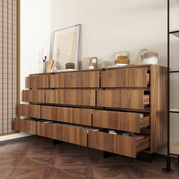 Brown Walnut Grain Finish 12-Drawers 70.9 in. Width Double Dresser Accent Storage Cabinet Organizer Handleless Design