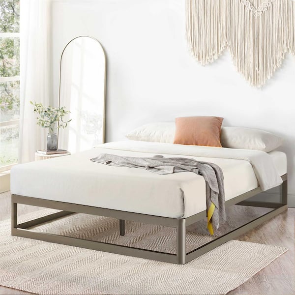 Ace of Base Round Metal Platform Bed with Heavy Duty Steel Slats, Champagne Gray, King