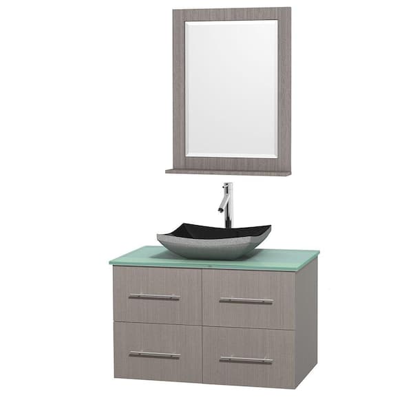 Wyndham Collection Centra 36 in. Vanity in Gray Oak with Glass Vanity Top in Green, Black Granite Sink and 24 in. Mirror
