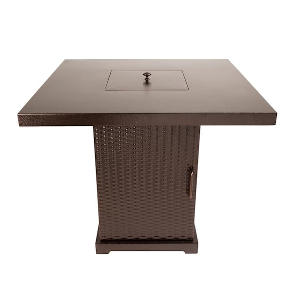 Pleasant Hearth Warren 30 in. x 27 in. Square Steel Propane Gas Fire Pit Table in Hammered Bronze with Glass Fire Rocks