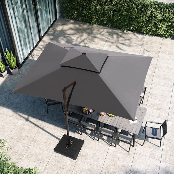 Heavy-Duty 12.5 ft. x 10 ft. Aluminum Outdoor 360° Swivel Double Top Offset Cantilever Patio Umbrella in Gray with Base