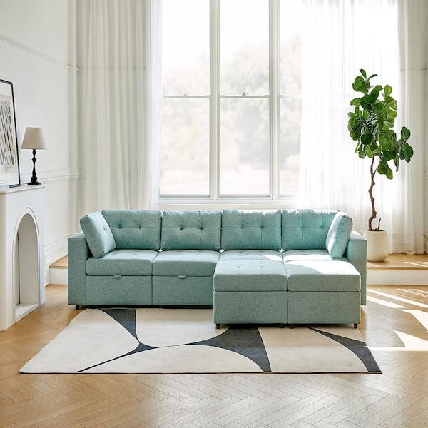 JAYDEN CREATION Franco 134. 4 in. Wide Square Arm Polyester L-Shaped Storage Sectional Sofa in Sage (set of 6)