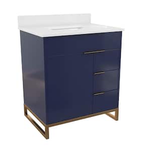 Leona 30 in. W x 22 in. D x 38 in. H Single Sink Bath Vanity in Navy Blue with White Engineered Stone Composite Top
