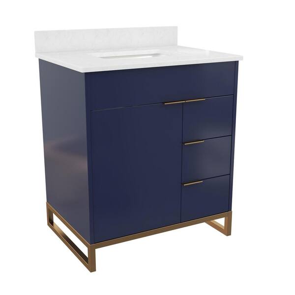 COSMO LIVING Leona 30 in. W x 22 in. D x 38 in. H Single Sink Bath Vanity in Navy Blue with White Engineered Stone Composite Top