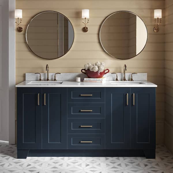 ARIEL Taylor 67" W x 22" D x 35.25" H Double Sink Freestanding Bath Vanity in Midnight Blue with Carrara White Marble Top