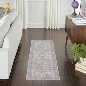 57 Grand Machine Washable Grey 2 ft. x 8 ft. Bordered Traditional Kitchen Runner Area Rug