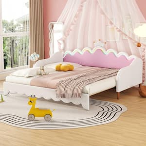 Extendable White Twin Size Upholstered Princess Daybed with LED Lights and Crown Design