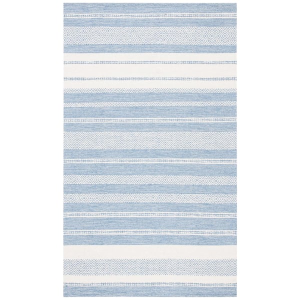 Striped Kilim Ivory Blue 6 ft. x 9 ft. Chevron Striped Area Rug