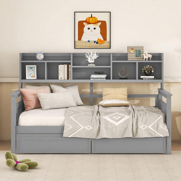 Gray Twin Daybed with Bedside Shelves and 2 Drawers