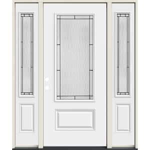 60 in. x 80 in. Right-Hand 3/4 Lite Decorative Glass Wendover Modern White Fiberglass Prehung Front Door w/Sidelites